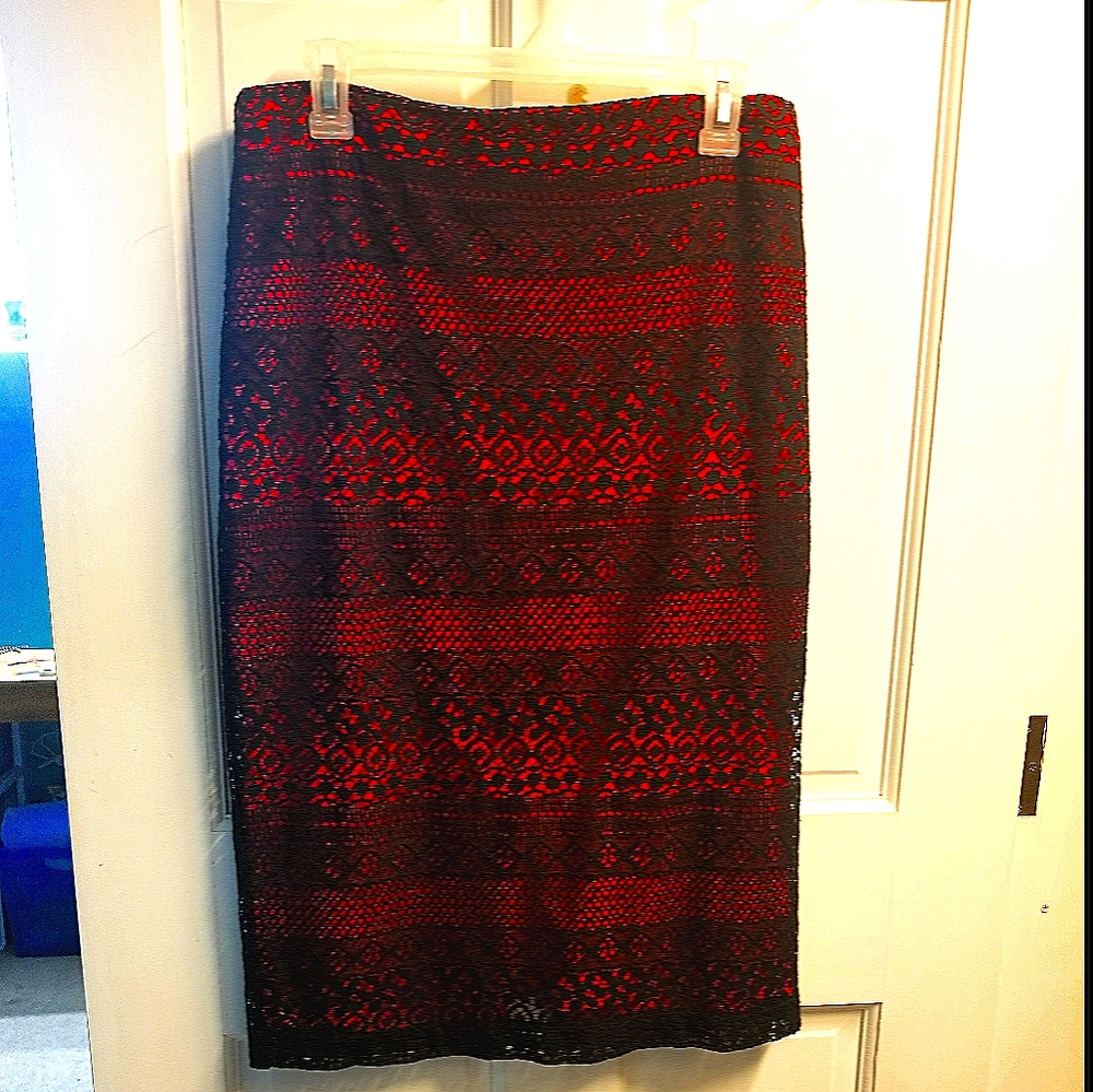 Eyelet pencil skirt with pink lining